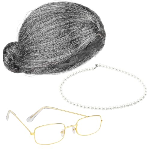Cooraby 3 Pcs Grey Old Lady Wig 100 Days of School Grandma Wig Granny Glasses Artificial Pearl Necklace Halloween Fancy