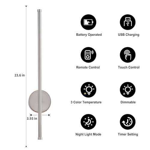 Image of Battery Operated Modern Wall Sconces, Dimmable Wireless Wall Light Set of Two with Remote Control, 3 Color Temperatures, Rechargeable LED Wall Sconce for Bedroom, Living Room,Hallway, 23.6 Inch Nickle