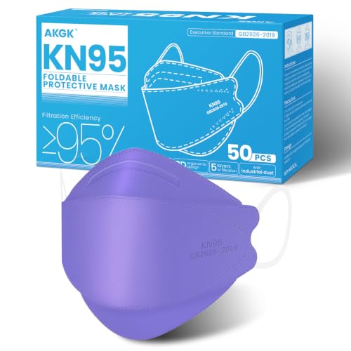 akgk KN95 Face Masks 50 Pack,5-Ply Disposable Purple Face Mask Against PM 2.5 Smoke and Dust