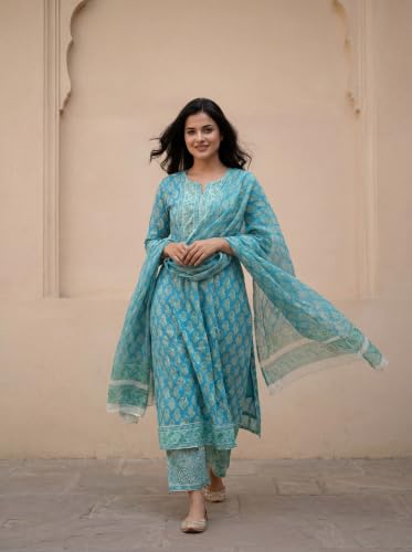 Image of Leriya Fashion Women's Rayon Printed Anarkali Kurta and Pant with Dupatta Suit | 3-Piece Printed Anarkali Kurti Set | Ethnic Festive & Office Wear Suit for Women | Elegant Suit Set for Woman