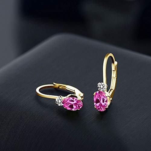 Gem Stone King 14K Yellow Gold Pink Created Sapphire and White Diamond Leverback Earrings For Women | 1.07 Cttw | Gemstone September Birthstone | Oval 6X4MM, Round 2MM | 3/4 Inch3
