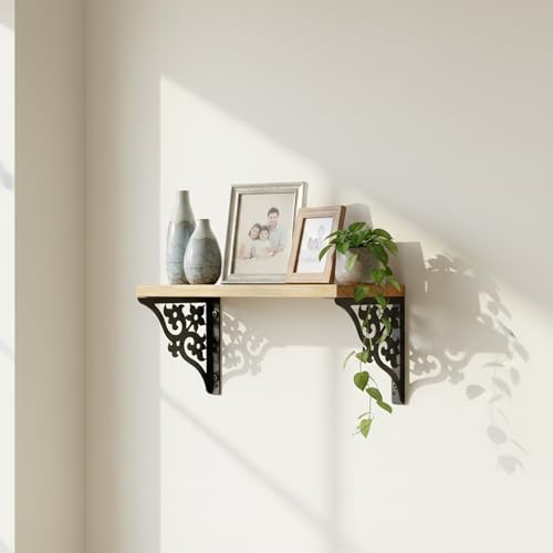 Image of Wall Shelf with Wooden Top Black|White Iron Brackets Storage Rack|Industrial Wall-Mounted Floating Shelf for Living Room,Kitchen,Bathroom (Black Triple Floral Small)
