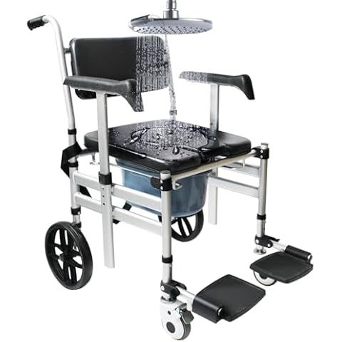 NexusSmash Folding Bedside Commode with Wheels, Rolling Commode Wheelchair with Bucket, Padded Shower Commode Chairs with Soft Backrest, Easy Transfer from Bedroom to Shower for Senior & Handicap Cover