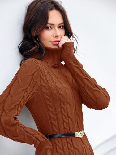 Image of Langwyqu Womens Cable Knit Long Sleeve Turtleneck Bodycon Sweater Dress