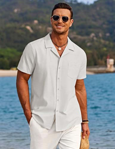 COOFANDY Men's Casual Button Down Shirts Short Sleeve Summer Beach Shirt Cuban Vacation Textured Shirts with Pocket2