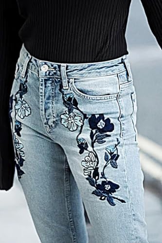 Women's Floral Embroidered Distressed Boyfriend Jeans Denim Pants3