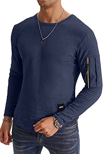 KUYIGO Mens Solid Extended Hipster Hip Hop Swag Curve Hem Long Sleeve T Shirt Deep Blue Large