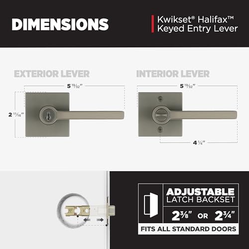 Image of Kwikset Halifax Entry Door Handle with Lock and Key, Square Secure Keyed Reversible Lever Exterior, Doorlock, for Front Entrance and Bedrooms, Gunmetal, Pick Resistant Smartkey Rekey Security