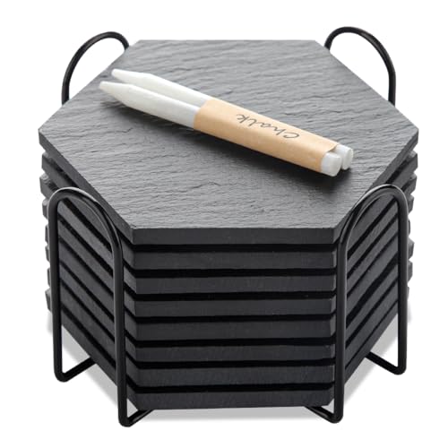 Schiefer Untersetzer für Gläser 8er Set, 11cm Sechseck Getränkeuntersetzer mit Halter, Glasuntersetzer Tischuntersetzer, kratzfester Unterseite für Bar, Küche, Heimdekoration