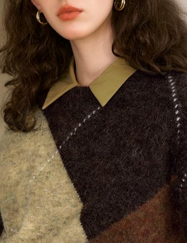 Women's Crewneck Argyle Colour-Blocking Fuzzy Long-Sleeve Pullover Sweater Multicolor4