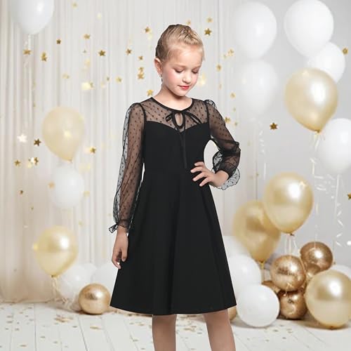 Sunny Fashion Girls Dress Black Floral Lace Sheer Mesh Long Sleeve Hollow V-Back3