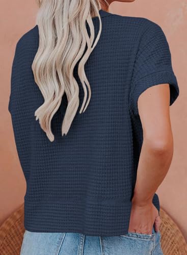 Image of Eytino Womens Plus Size Tops Casual V Neck Short Sleeve Waffle Knit Button Down Shirts(1X-5X)