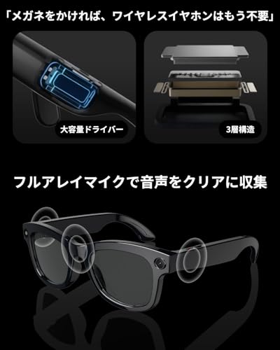 UISESOE スマートグラス オーディオグラス ChatGPT連携 AIリアルタイム翻訳 物体認識対応 カメラ撮影機能 Bluetooth マイク付き 音漏れ防止設計 タッチ操作 自転車/旅行/ビジネス用/運動/アウトドア用 UV保護 音声制御 の商品画像 2