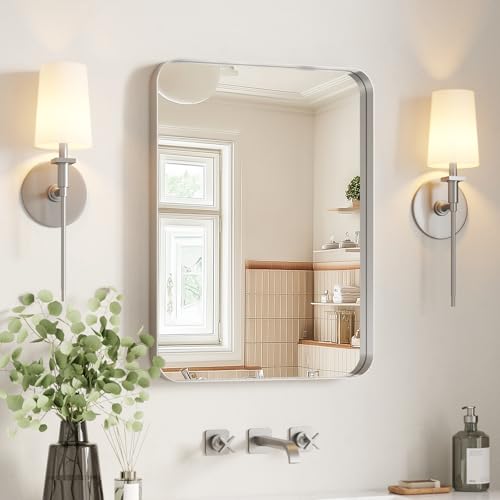 Image of USHOWER Brushed Nickel Bathroom Mirror 22 inchx30 inch, Silver Rectangle Mirror for Over Sink, Rounded Corner, Aluminum Frame, Anti-Rust, Tempered Glass, Horizontal or Vertical Mounted