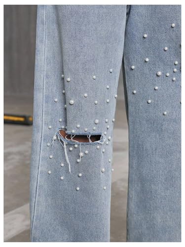 MakeMeChic Girl's Ripped Pearl Beaded Jeans Zip Fly Straight Leg Y2K Grunge Denim Pants4