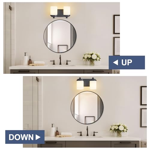 Image of 10 Inches Bathroom Vanity Light, 2-Light Black Bathroom Light Fixtures Over Mirror, Bathroom Light Shower Lamp with Milky White Square Glass Shade, Modern Farmhouse Lighting Fixtures