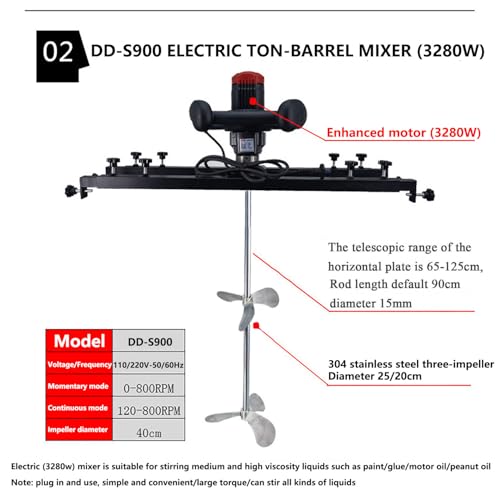 Mezclador de Pintura eléctrico de 3000W, Mezclador de Pintura IBC 1000L, Varilla/implante de agitación de Acero Inoxidable de 900 mm, 70-125 cm Ajustable, para la Pintura de agitación, Recubrimiento,