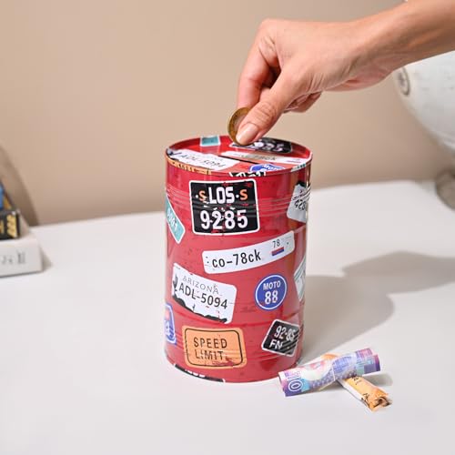 Image of Market99 Round Money Bank | Red Tin Coin Bank with Glossy Finish & Motivational Quote Pattern | Cute & Durable Piggy Bank for Kids, Adults, Home, Office & Desk Decor | Ideal Gifting Solution