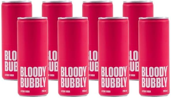 BLOODY BUBBLY LITCHI SODA | Naturally Flavoured Soda | 44 Cal Per Can | No Added Artificial Flavours, Colours & Preservatives (250ml Each_Pack of 8)