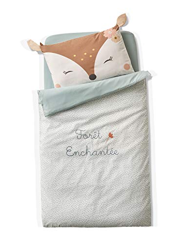 VERTBAUDET Housse de Couette bébé Foret ENCHANTEE écru/Vert d'eau 80X120