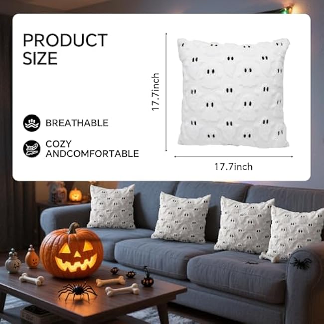 4 Pcs Halloween Ghost Decorative Pillow Covers, 18¡Á18 inches 3D White Ghost Throw Pillow Cases, Soft Plush Faux Fur Wool Couch Cushion Case for Chair Sofa Bedroom Living Room Home Decor