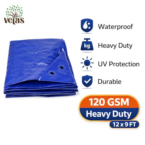 Image of VETAS Waterproof Tarpaulin Sheet, Blue, 120 GSM, Heavy Duty, UV Resistant, Tear-Proof, Reusable with Eyelets for Roof, Camping & Vehicle Use (12 X 9 Ft)