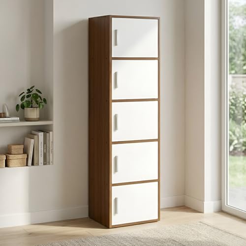Image of Nilkamal Sear 5 Tier Wooden Storage Cabinet | Free Standing Book Shelf with 3 Doors & 3 Spacious Shelves | Engineered Wood | Organizer for Home & Office | Classic Walnut & White | DIY(Do It Yourself)