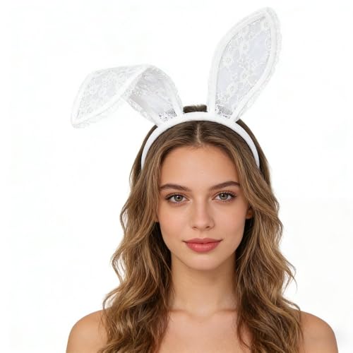 LKQBBSZ Lace Bunny Ears Headband, White Bunny Ears HairBand, Rabbit Ear Headband for Adult Women