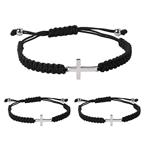 Sliverdew 3 Pieces Adjustable Cross String Bracelet Friendship Cross Bracelet Black String Rope Braided Bracelet Nylon Rope Christian Handmade Braided Bracelet Friendship Gift for Women Men