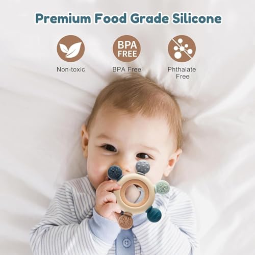 Image of Akolik Baby Teething Ring Set, Silicone Teethers, BPA-Free Grasping Toys for 0-18 Months, Grey (Silicone)