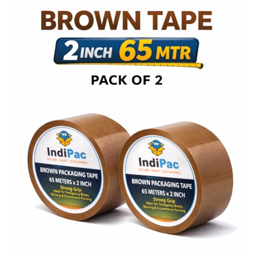 Image of Indipac Brown Cello Tape 2 Inch 65m Roll BOPP - Heavy Duty Sealing Tape for Carton Box Packing, Warehouse, Industrial, Office & Ecommerce Packaging (Pack of 2)