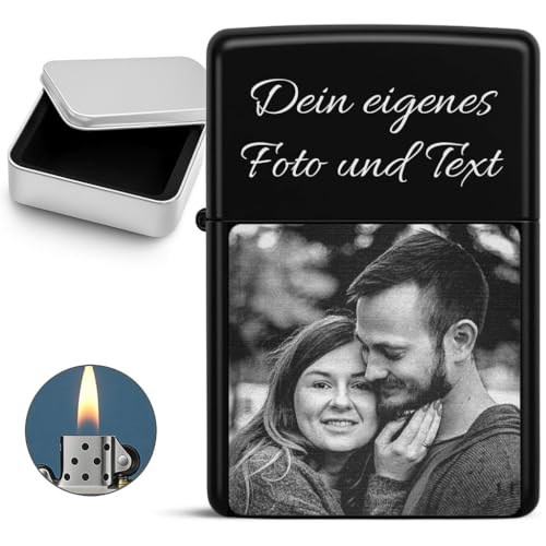 Personalisiertes Benzinfeuerzeug mit Fotogravur - Schwarzes Feuerzeug mit Wunschtext & Bild - Geschenk für Männer