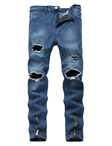 Fashion Mens Ripped Hole Skinny Fit Blue Jeans with Bottom Zippers