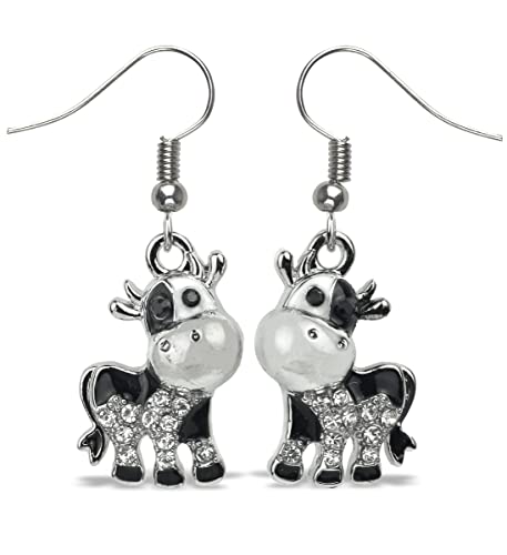 Aqua79 Cow Sparkling Earrings - Cute Silver Dangle Earrings Plated In Silver Color With Zinc Alloy Dangling Charm Sparkly Pendant, Elegant Wildlife Animal Silver Earrings Gift #TOP5