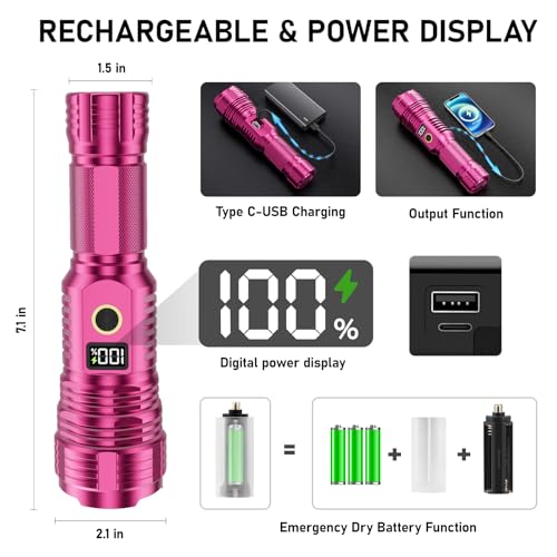 Flashlights High Lumens Rechargeable, LED Super Bright Flash Light Long Beam, Zoomable Linternas with LCD Digital Display, 5 Mode, Waterproof, Powerful Tactical Flashlight for Emergencies Camping Gift