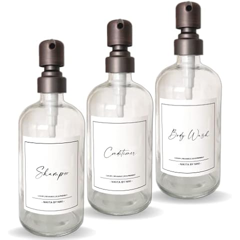 NIKITA Clear Glass Dispensers - Stainless Steel Pump Bottle Dispenser - Conditioner, Body Wash, Shampoo Bottles - Waterproof Bathroom Shower Gel Dispenser - Shower Soap Dispenser (Set of 3) Cover