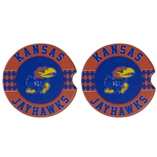 Fan Creations University of Kansas Set of 2 Car Coasters Removable Absorbent Ceramic Stone Coasters - Ideal Gift for Students, Alumni and Everyday Fan - Show Your Big 12 NCAA Team Spirit
