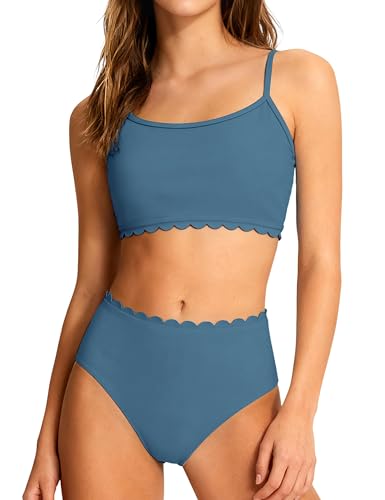 Image of Girls Swimsuit Two Piece Bathing Suit Ruffle Trim Swimsuits for Girls Tankini with Drawstring Shorts Swimwear 9-18Y