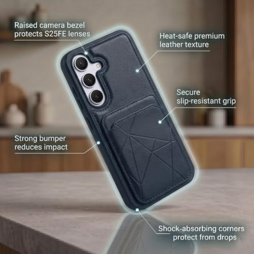 Image of amazon basics Premium Vegan Leather Back Cover with Card Holder and Integrated Mobile Stand for Samsung Galaxy S25FE 5G - Slim Shockproof Wallet Case with Geometric Stitching [Blue]
