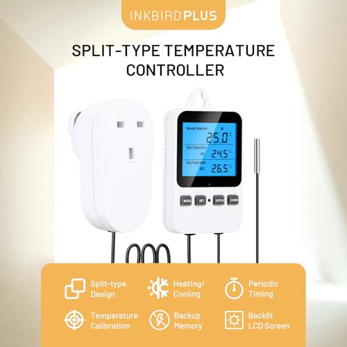 Image of INKBIRDPLUS Split-Type Temperature Controller for Brewing Reptile (UK Plug) | Digital Heating Cooling Thermostat with Backlit LCD, Periodic Timing Control, High and Low Temperature Alarms