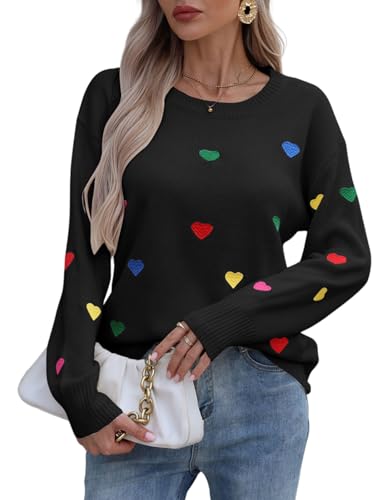 Allifewithu Women's Embroidered Sweater Long Sleeve Crew Neck Colorful Cute Heart Pullover Sweaters (Black,X-Large)