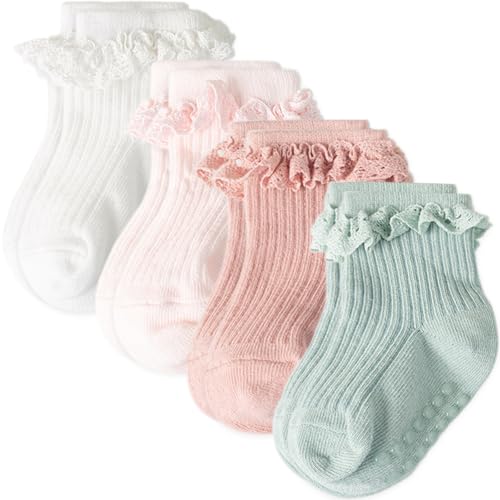 AQOKKA Baby Girl Toddlers Socks with Non-slip Grip Cute Frilly Ruffle Ankle Soft Cotton Newborn Baby Socks for Infant Kids