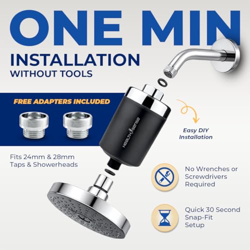 Image of HealthSense Hard Water Softener Filter for Tap, Shower & Kitchen | Shower Filter for Bathroom | 20 Stage Dechlorination System with Activated Carbon & KDF-55 | | 6 Months Cartridge Life | Black