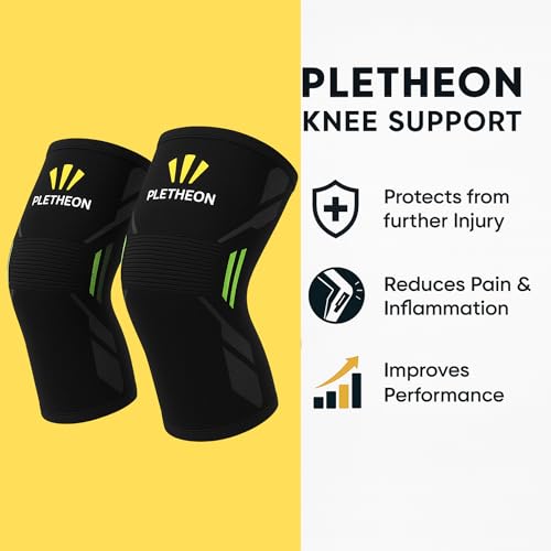 Image of PLETHEON Knee Cap for Pain Relief Men & Women | Compression Knee Support for Gym, Sports & Running | Anti-Slip, Breathable & Sweat-Free Knee Brace for Joint Pain & Injury Recovery (BLACK-GREEN, XXL)