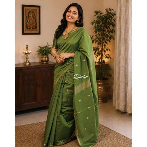 Image of Original Maheswari Cotton Silk Saree for Women | Kanjivaram Pure Silk Cotton Sari with Blouse | Zari Work | Tassels | Handloom Weave