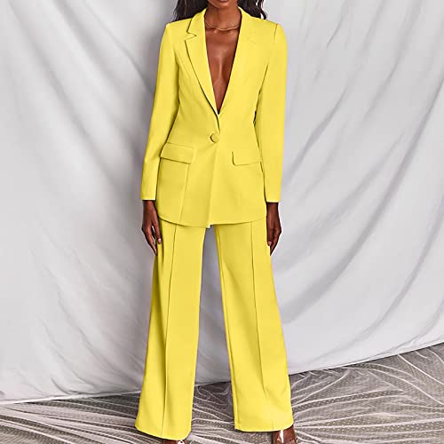 Blazer For Women's Long Sleeve Cardigan Coat & Suit Pants Outfits Elegant Notched Lapel Business Casual Suit 2Pc Set Yellow #TOP3
