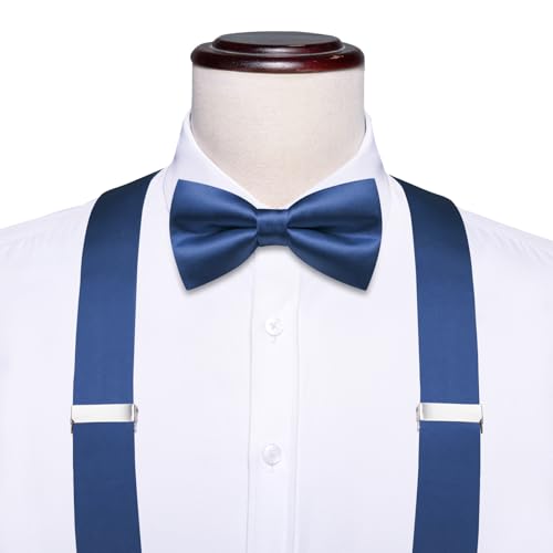 Image of Hi-Tie Men Suspender Bowtie Set Suspenders Pre-tied Bow Tie Pocket Square Cufflinks Adjustable Y Shape 6 Clips Braces Tuxedo