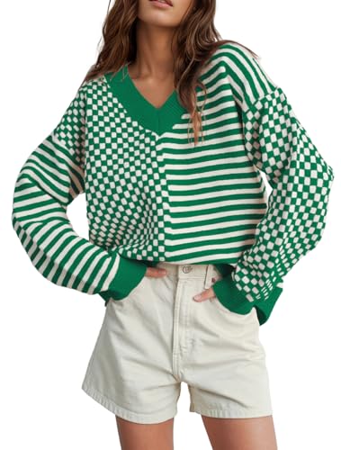 Image of UNCLECAT Womens Striped Checkered Sweater V Neck Fall Trendy Pullover Tops