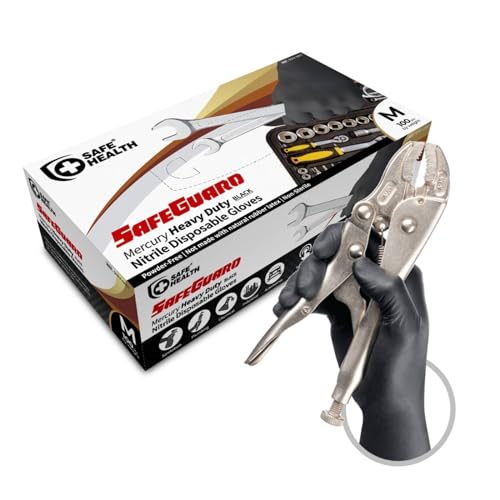 Safe Health Gants jetables en Nitrile taille M Noir, Résistants Épais 4,5 Mil, boîte de 100, sans poudre sans latex, alimentaire cuisine tatouage travail mécanique auto