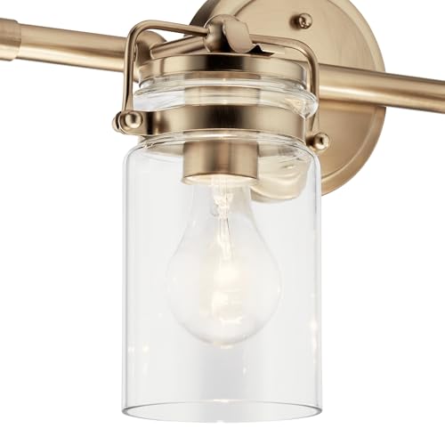 Image of Kichler Brinley 2-Light Bathroom Vanity Light Fixture 15.75 in Industrial Farmhouse with Clear Glass in Champagne Bronze for Mirror Over Sink (15.75 x 10.25 x 6.75 in), 45688CPZ